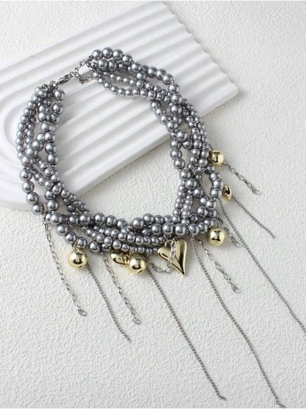 Two-Tone Gold & Silver Heart Fringe Necklace